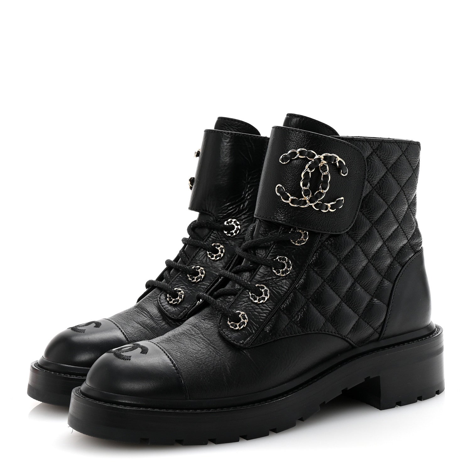 Chanel Shiny Lambskin Quilted Lace Up Combat Boots 38 Black 4 of 10