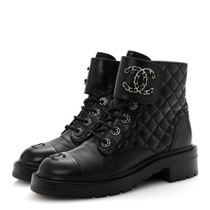 Chanel Shiny Lambskin Quilted Lace Up Combat Boots 38 Black 4 of 10