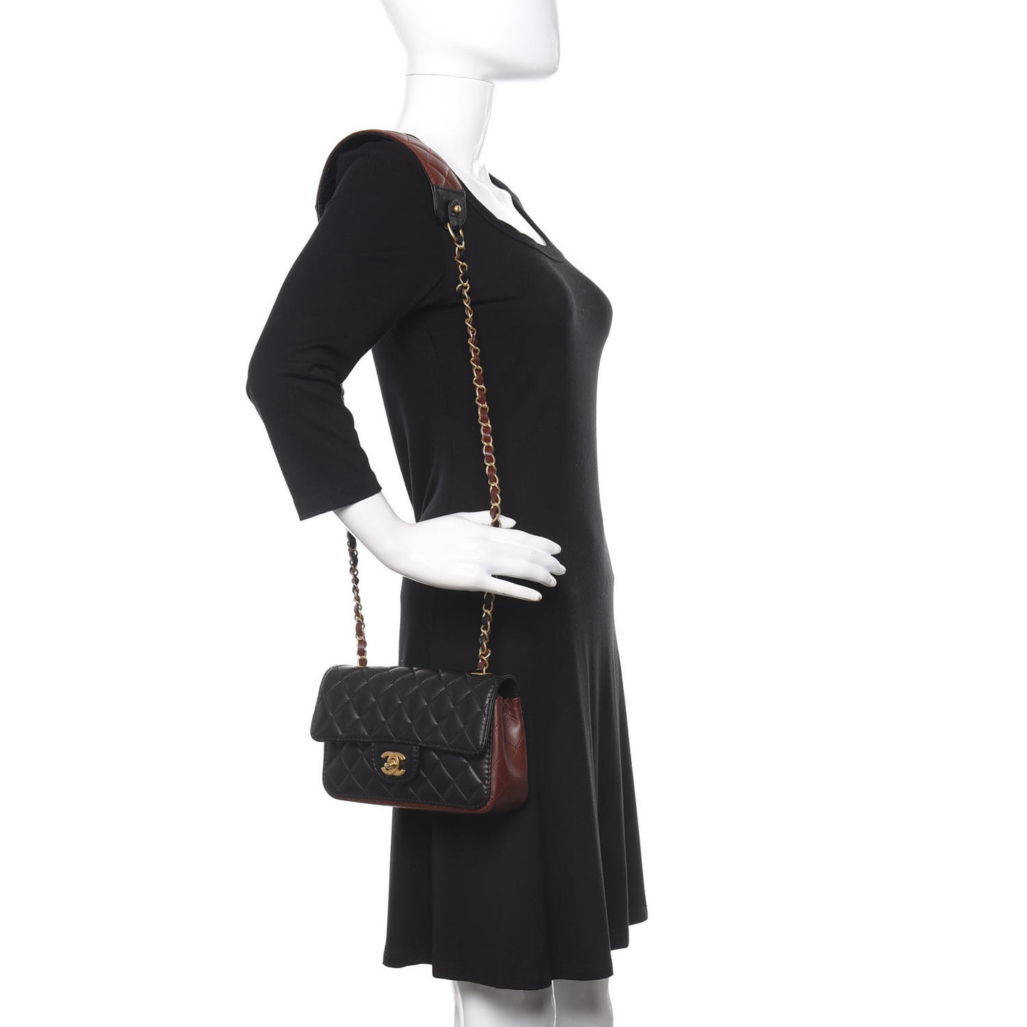 Calfskin Quilted Small Strap Into Flap Bag Black Brown