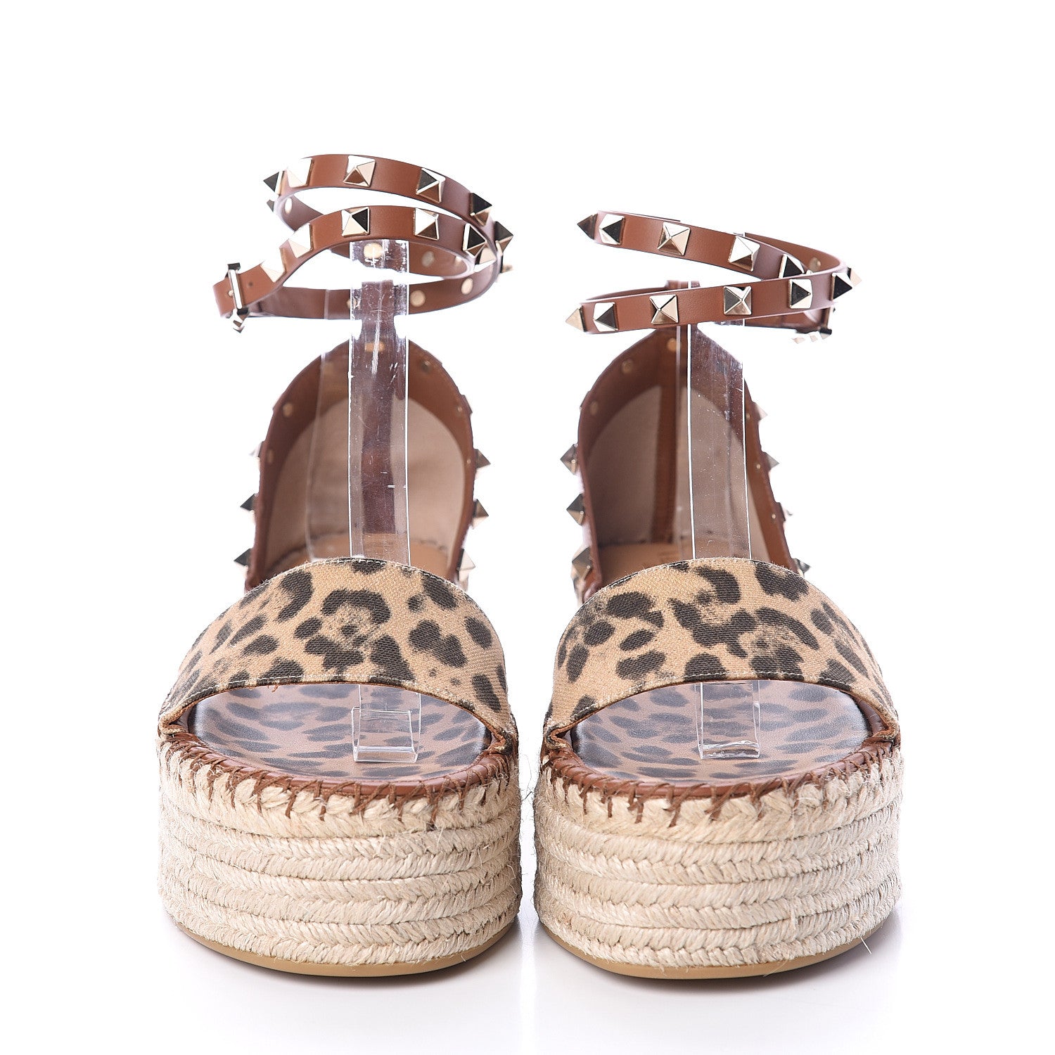 Valentino Garavani Canvas Leopard Print Rockstud Ankle Wrap Espadrille Flatform Sandals 38 Brown 2 of 7