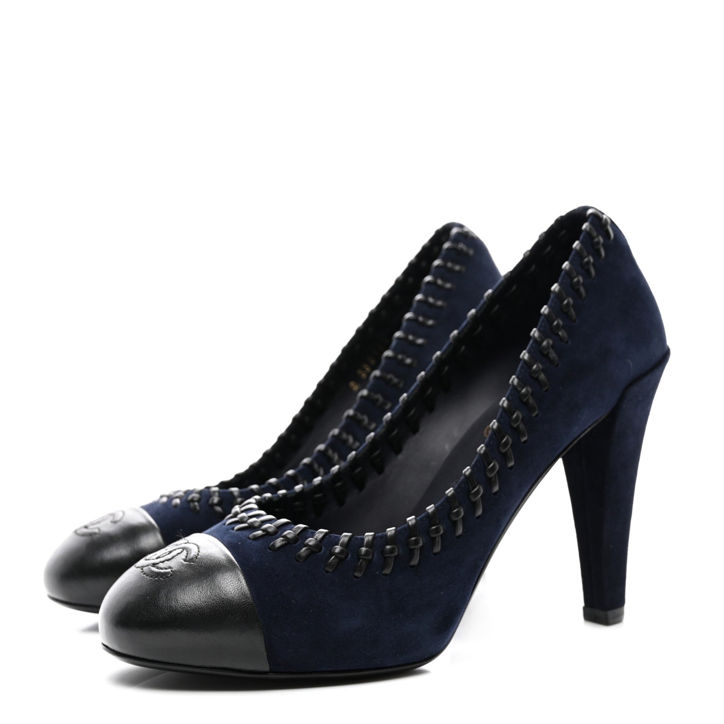 Suede Lambskin Cap Toe Whipstitch Pumps 37 Navy Black