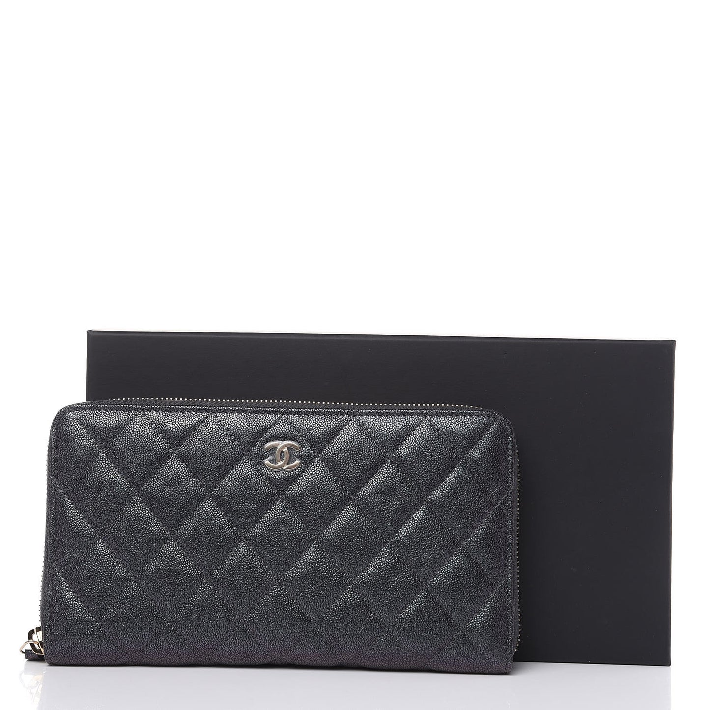 Iridescent Caviar Quilted Large Zip Around Organizer Wallet Black
