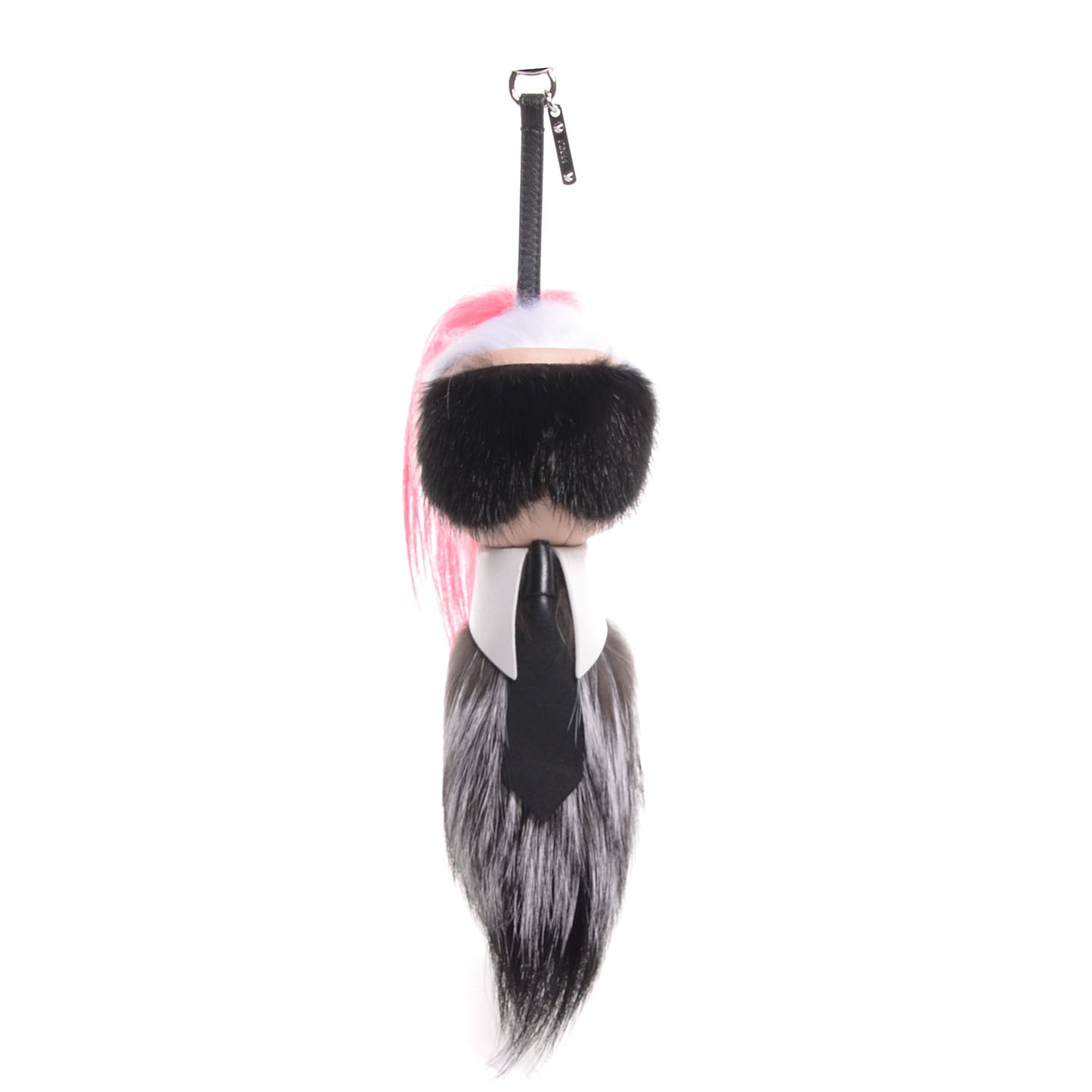 Fox Mink Goat Fur Nappa Karlito Bag Charm Black White Rosa