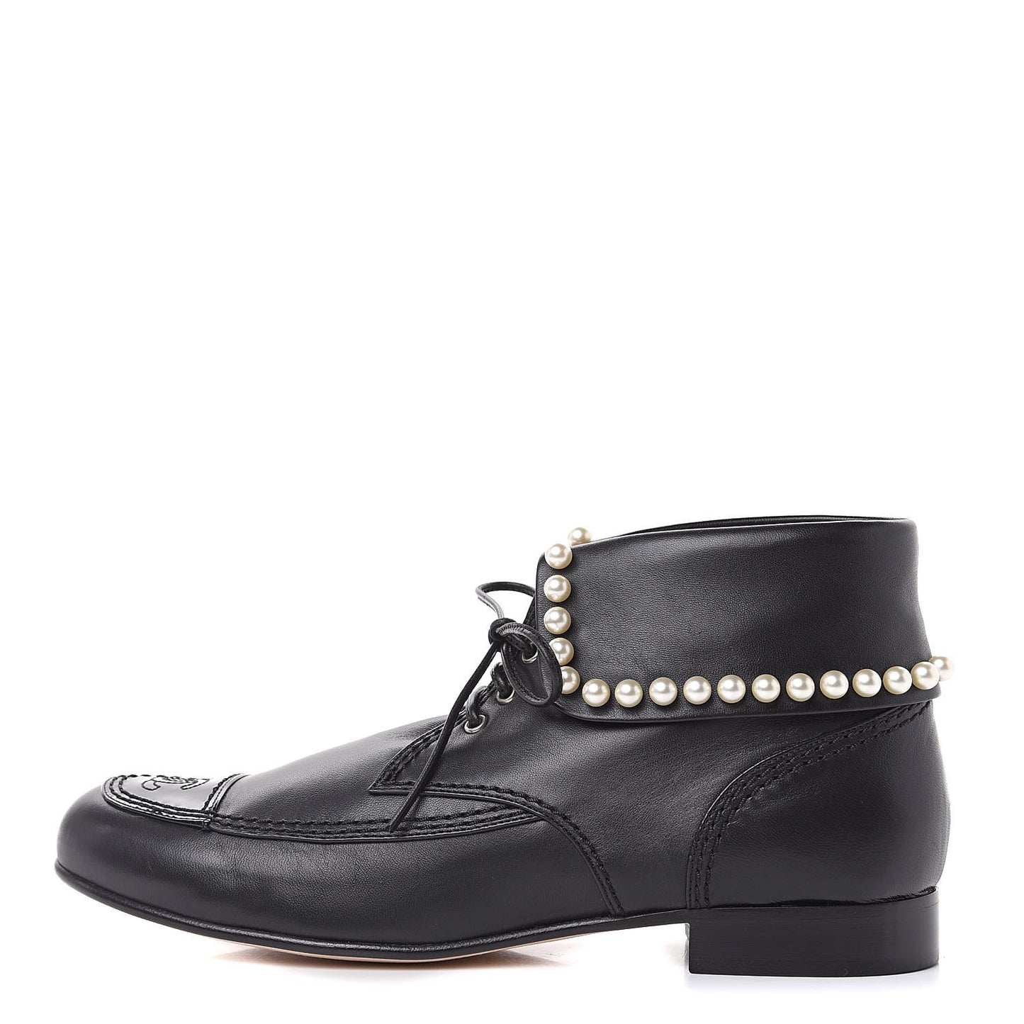 Lambskin Patent Calfskin Pearl Lace Up Boots 39.5 Black