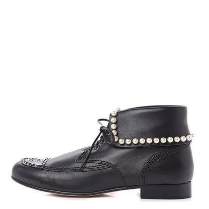 Chanel Lambskin Patent Calfskin Pearl Lace Up Boots 39.5 Black 1 of 11