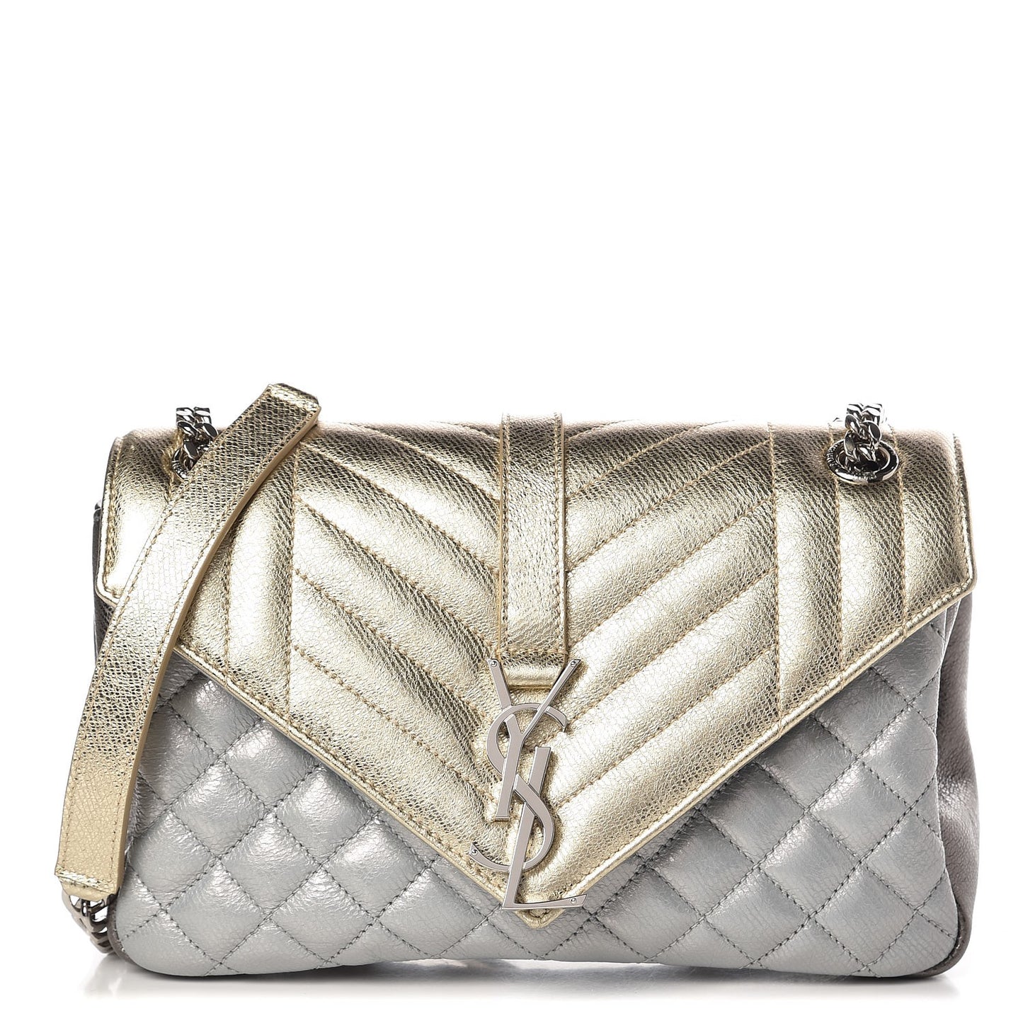 Metallic Calfskin Tri-Quilt Monogram Medium College Bag Gold Argento
