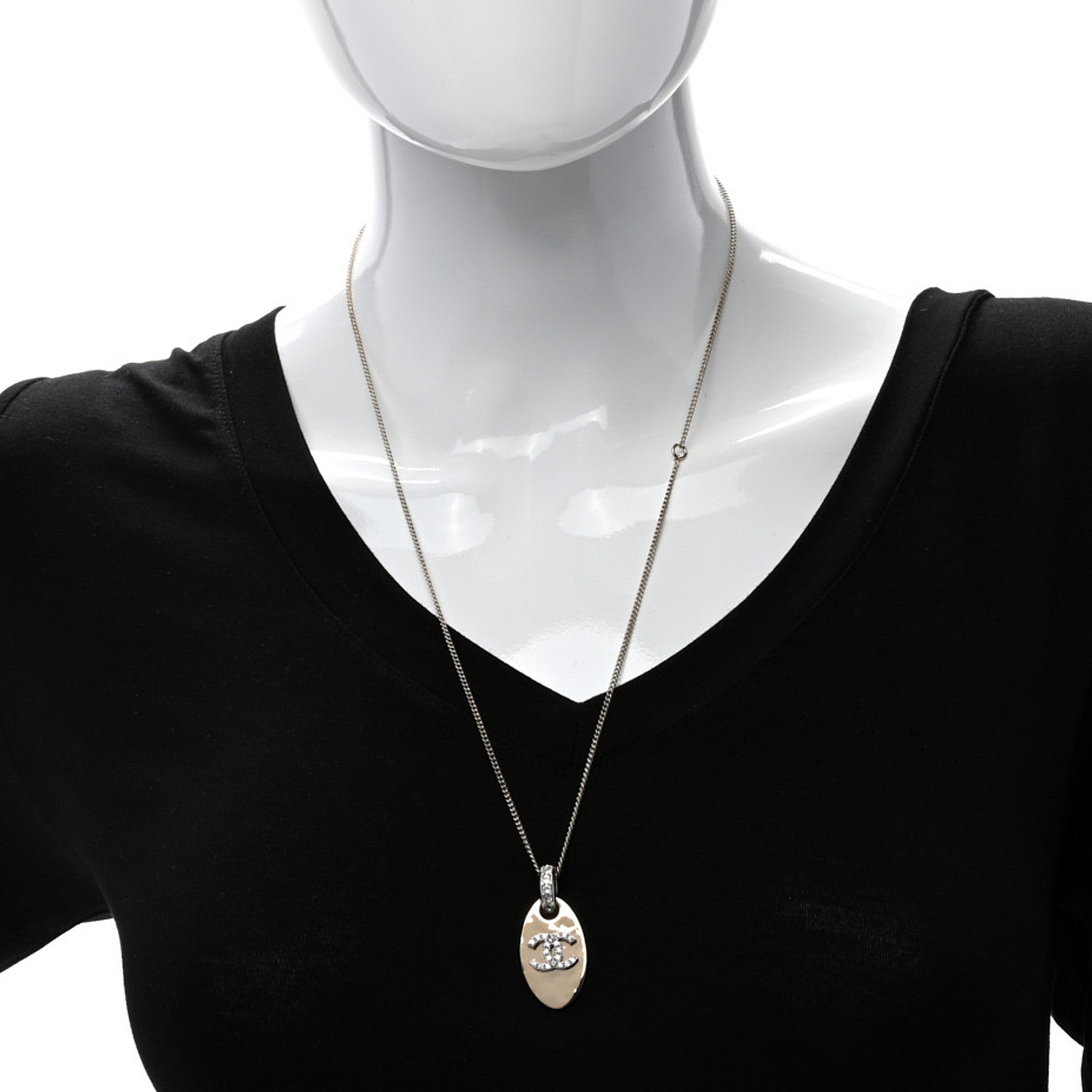 Chanel Crystal CC Oval Pendant Necklace Gold Silver 3 of 4