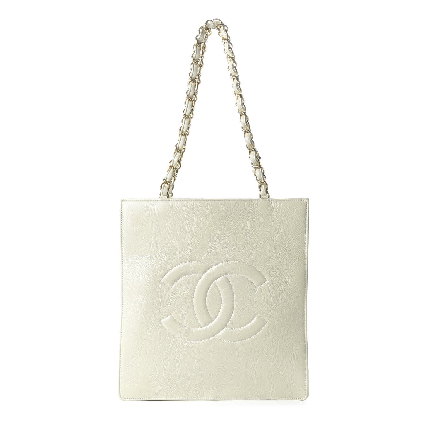 Shiny Aged Calfskin North South Shopping Bag White
