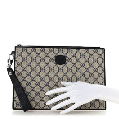 Gucci GG Supreme Monogram Textured Dollar Calfskin Retro Interlocking G Wristlet Pouch Beige Blue 2 of 10