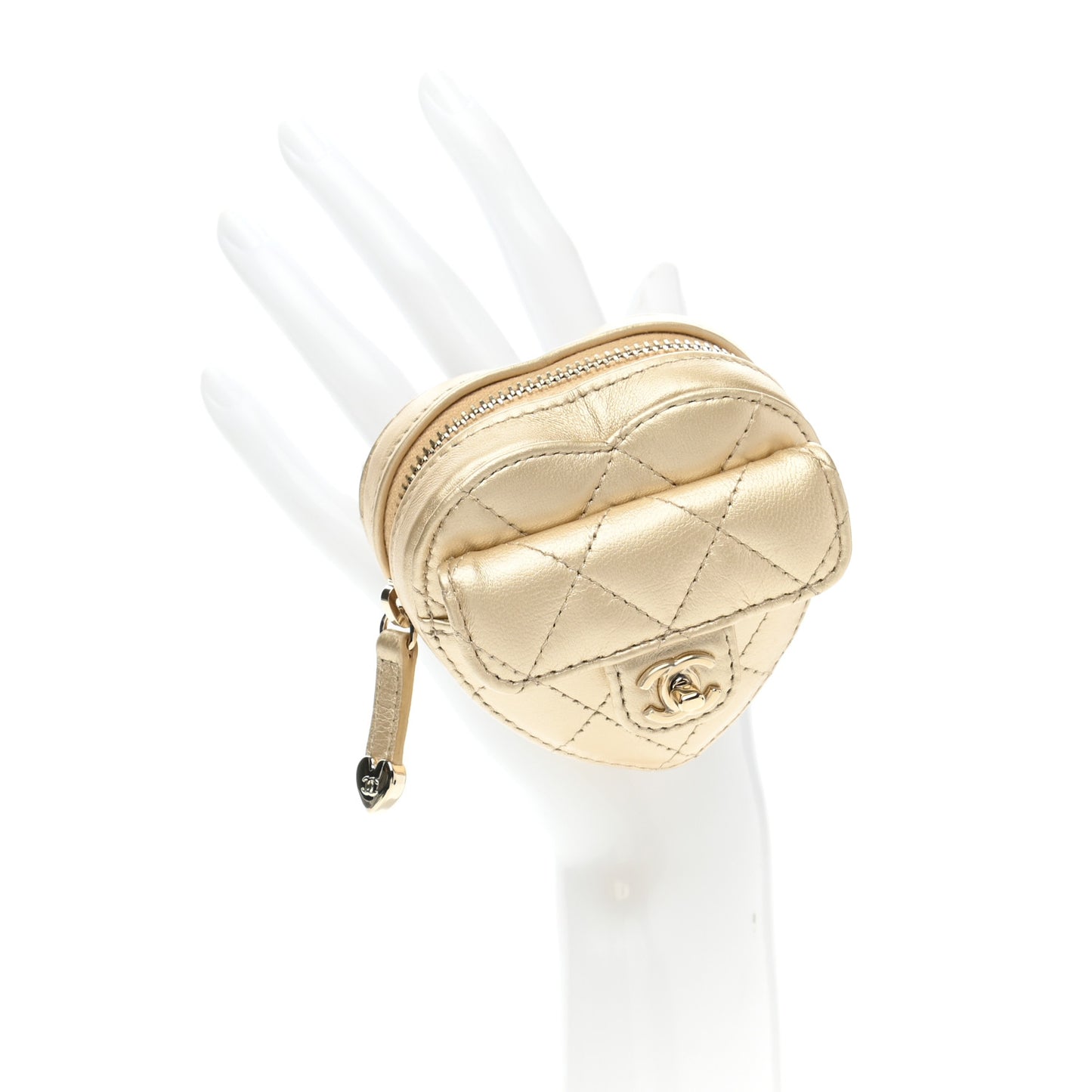 Metallic Lambskin Quilted CC In Love Heart Zipped Arm Coin Purse Gold