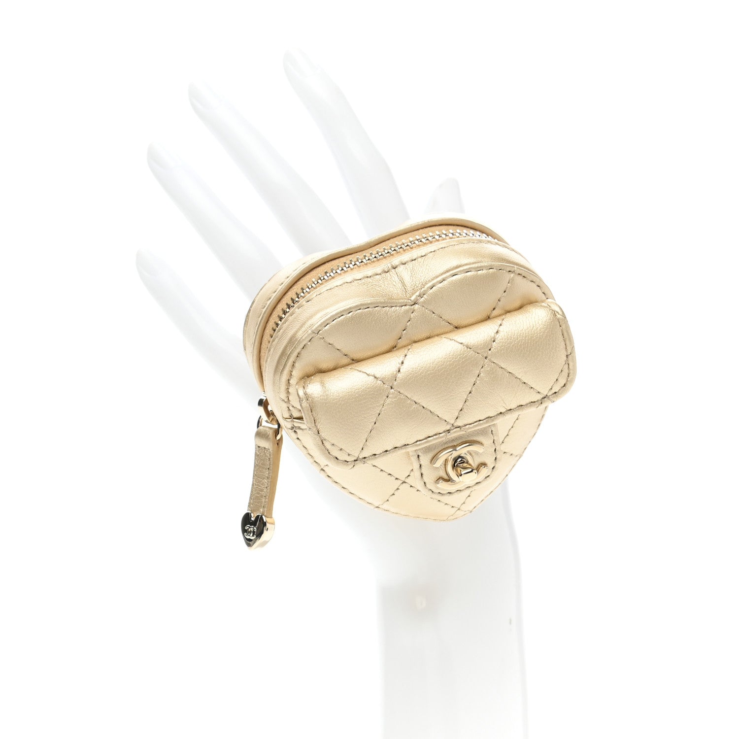 Chanel Metallic Lambskin Quilted CC In Love Heart Zipped Arm Coin Purse Gold 2 of 9