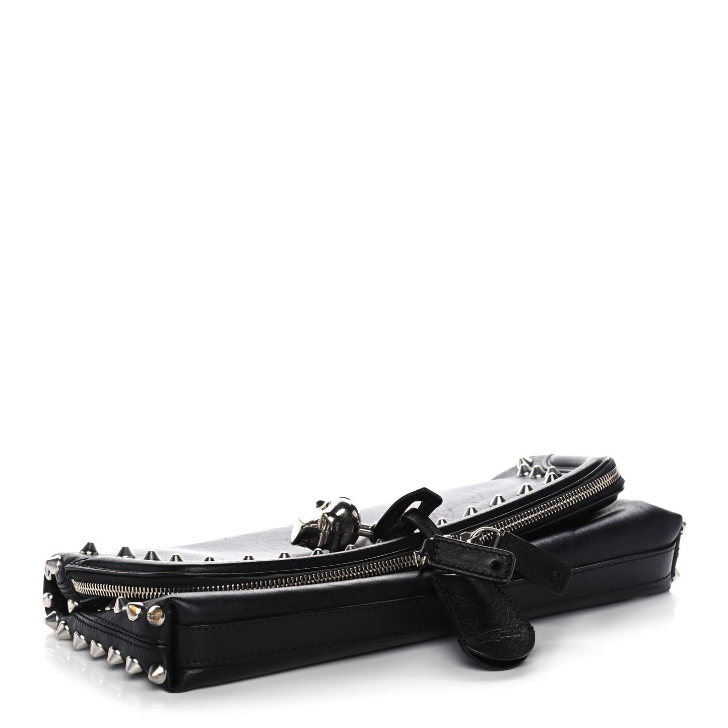 Grainy Calfskin Studded Padlock Skull Clutch Black