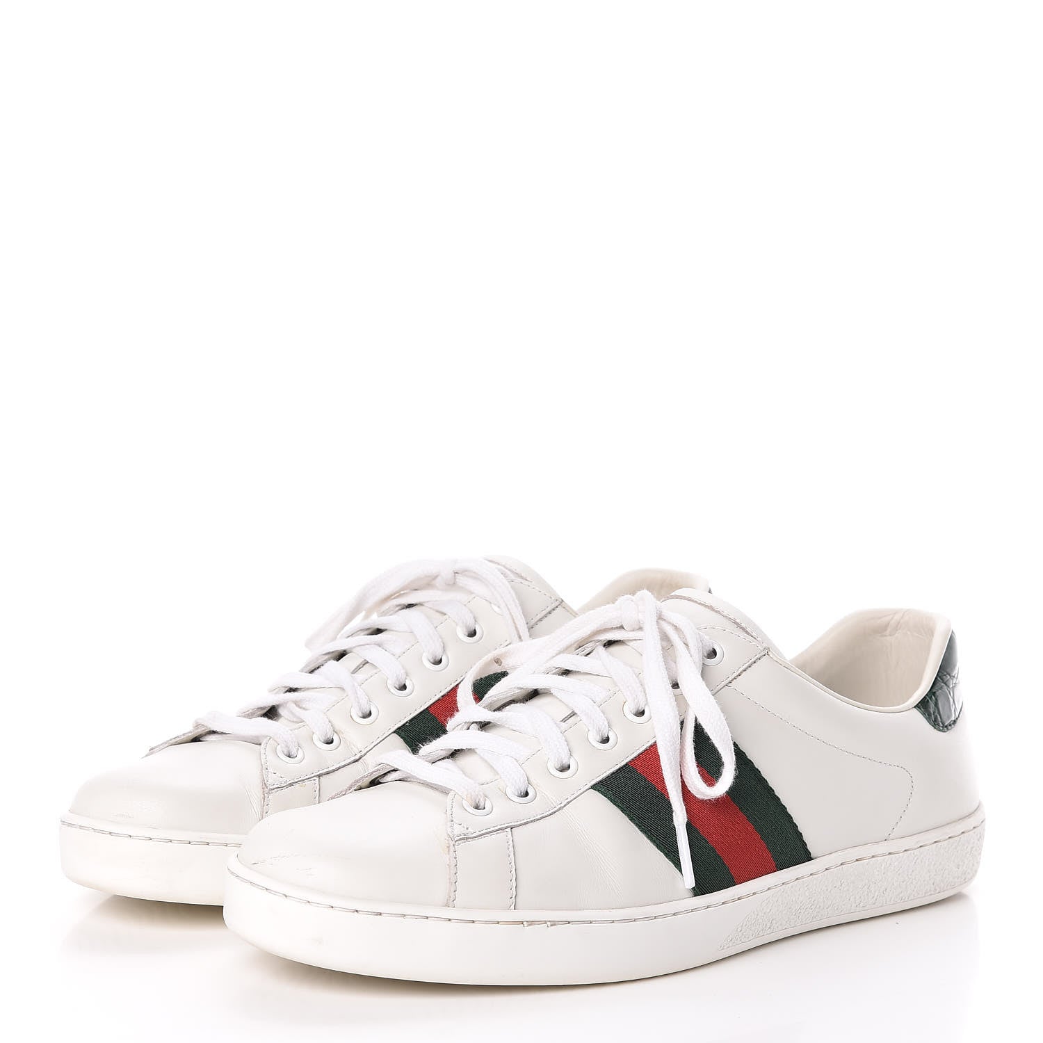 Gucci Calfskin Crocodile Web Mens Ace Sneakers 9 White Green 3 of 14