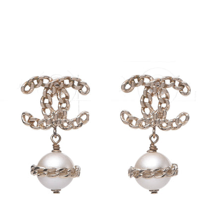 Chanel Chain Pearl CC Drop Earrings Gold 1 of 5