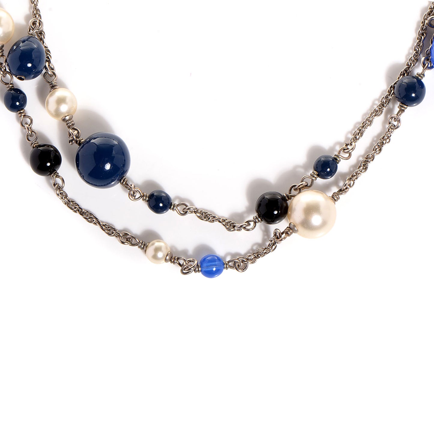 Pearl Crystal CC Beaded Double Strand Necklace Blue Silver