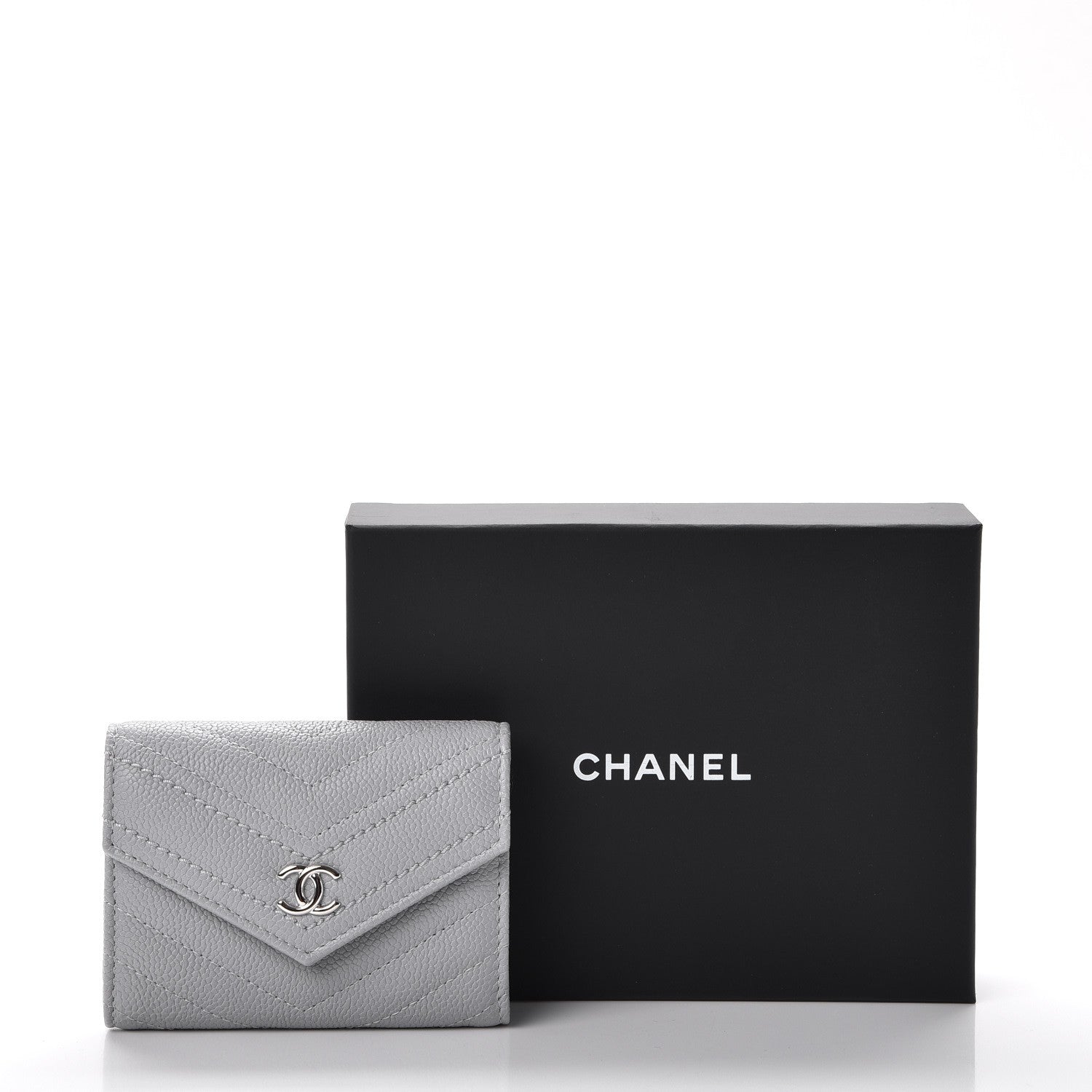 Chanel Caviar Chevron Quilted Card Holder Flap Wallet Grey 9 of 9
