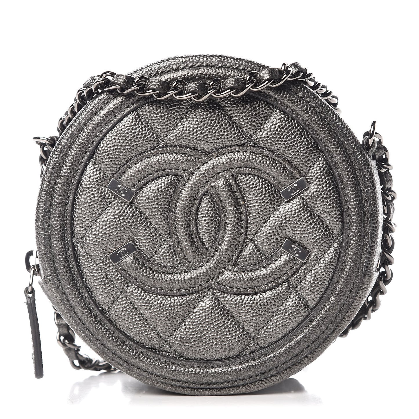 Metallic Caviar Quilted Round Filigree Crossbody Dark Silver