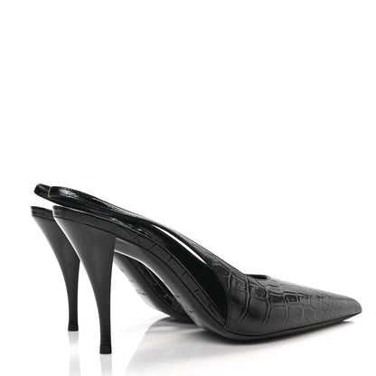 Saint Laurent Calfskin Crocodile Embossed Viper 90 Slingback Pumps 40 Black 4 of 8