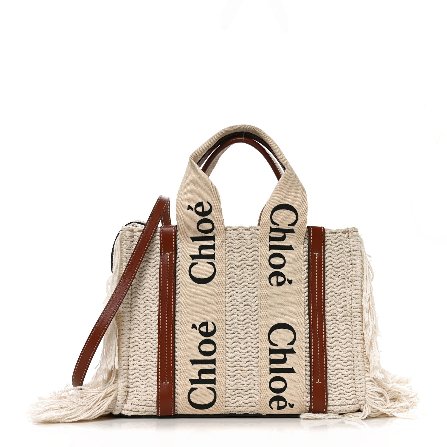 Chloe Cotton Calfskin Small Woody Ribbon Fringe Tote White Brown 1 of 10