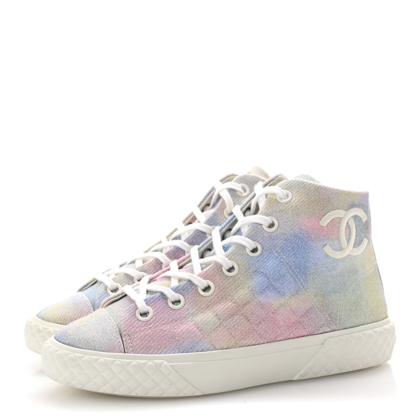 Printed Fabric Quilted High Top Sneakers 37 Green Pink Blue White