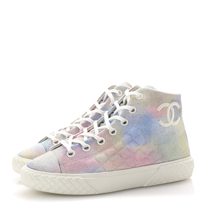 Chanel Printed Fabric Quilted High Top Sneakers 37 Green Pink Blue White 4 of 10