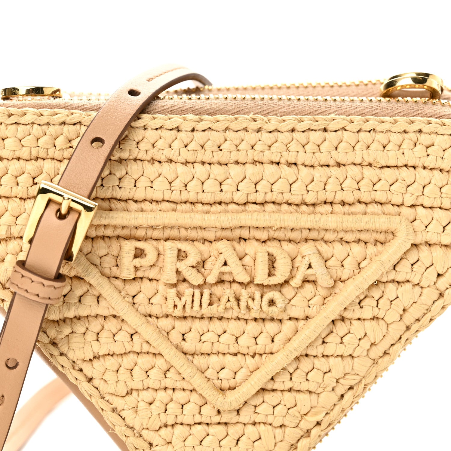 Prada Raffia Calfskin Crochet Logo Embroidered Mini Triangle