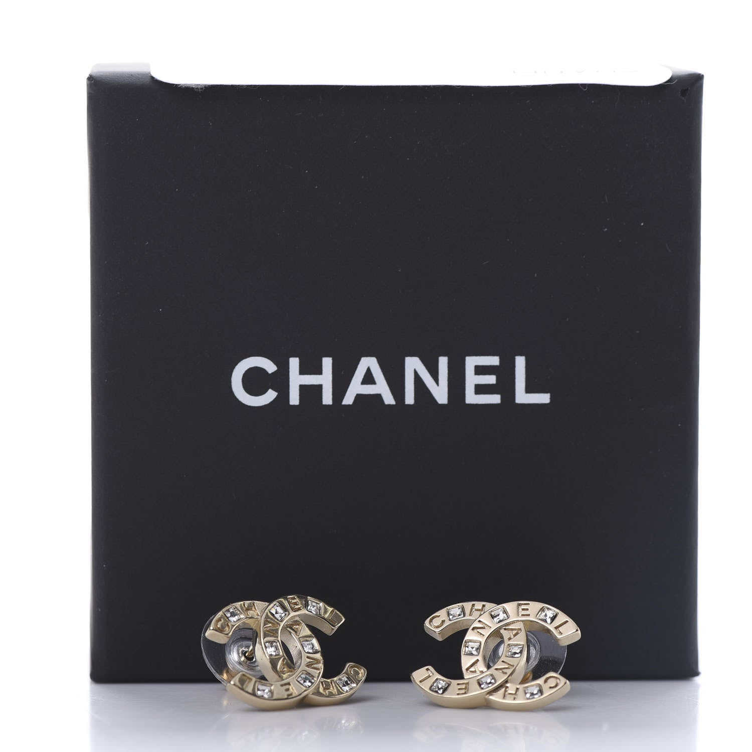 Chanel Crystal Metal CC Paris Button Stud Earrings Gold 5 of 5