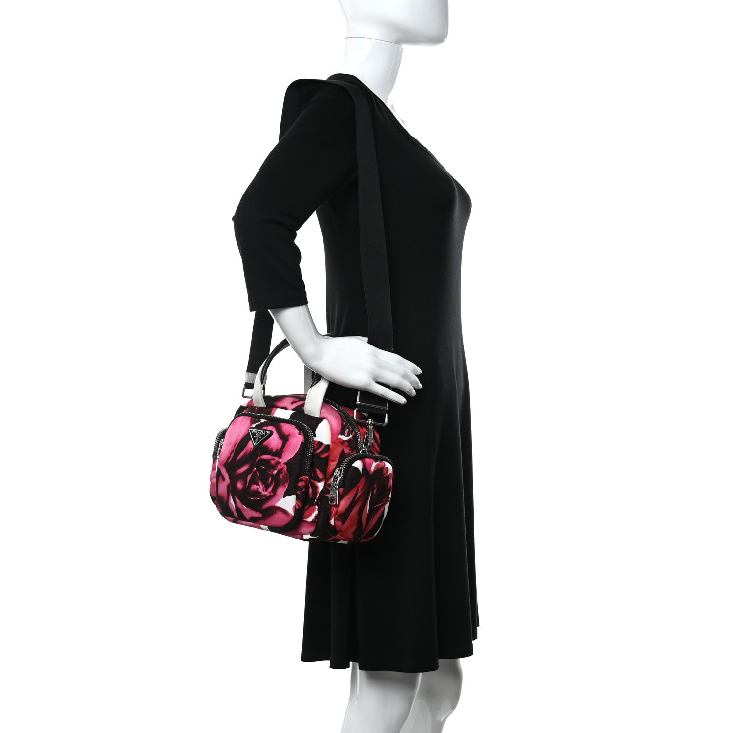 Prada Tessuto Nylon Roses Print Pocket Top Handle Cargo Bag Pink 2 of 13