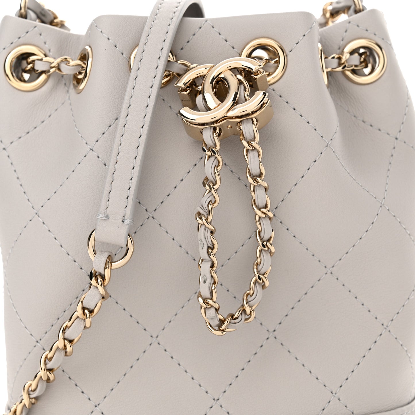 Calfskin Stitched Chain Bucket Bag Light Grey