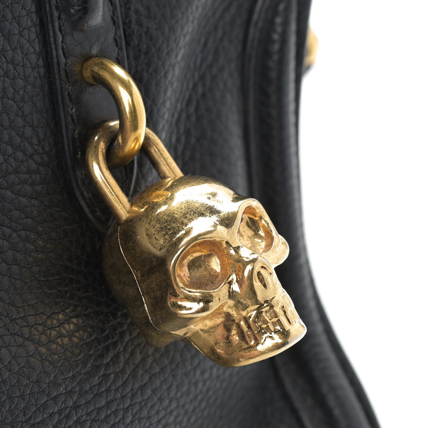 Pebbled Calfskin Mini Skull Padlock Zip Around Tote Black