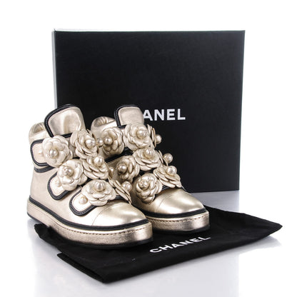 Chanel Metallic Lambskin Camellia High Top Sneakers 37 Gold 8 of 9