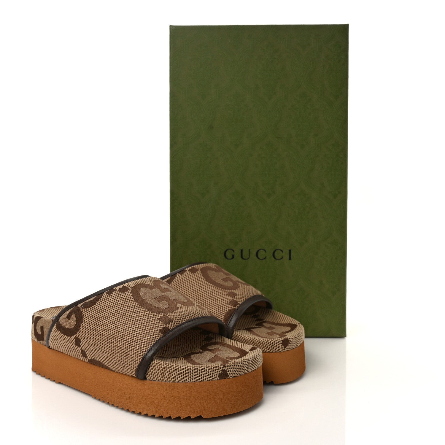 Gucci Monogram Jumbo GG Nappa Samoa Platform 40mm Slide Sandals 36 Camel Ebony New Acero 9 of 9