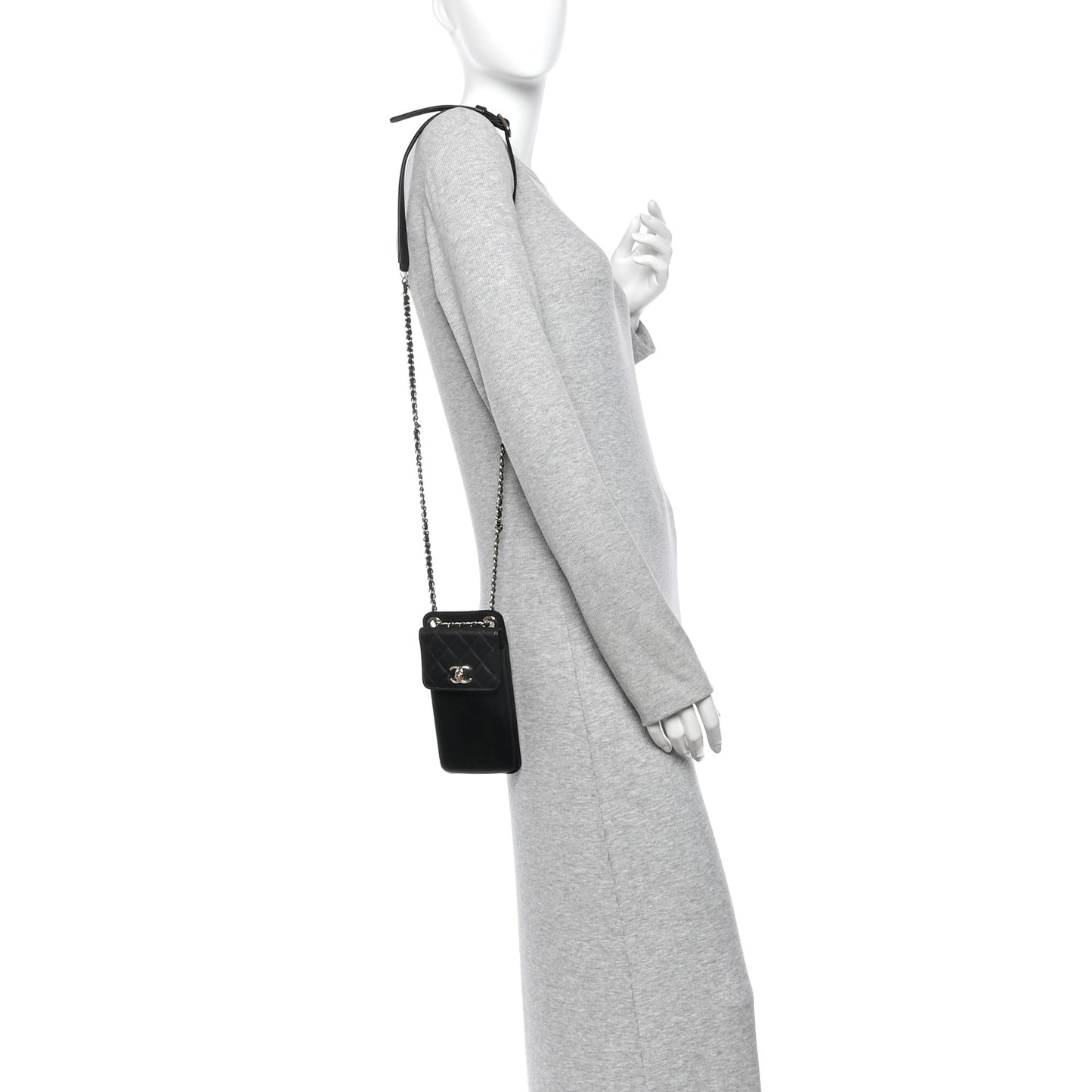 Lambskin Quilted Phone Holder Flap With Chain Black