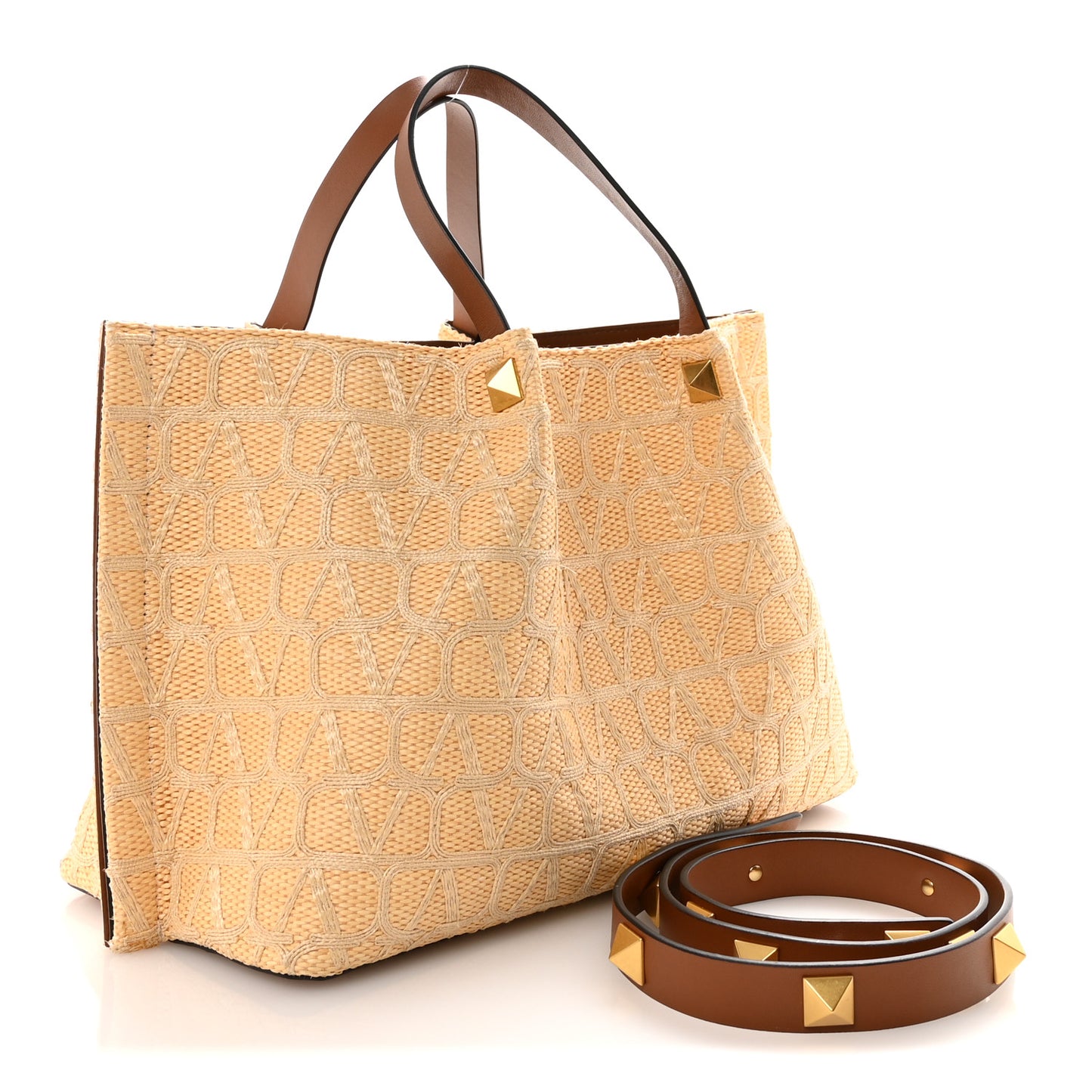 Raffia Calfskin Medium Rockstud Vlogo Tote Naturale