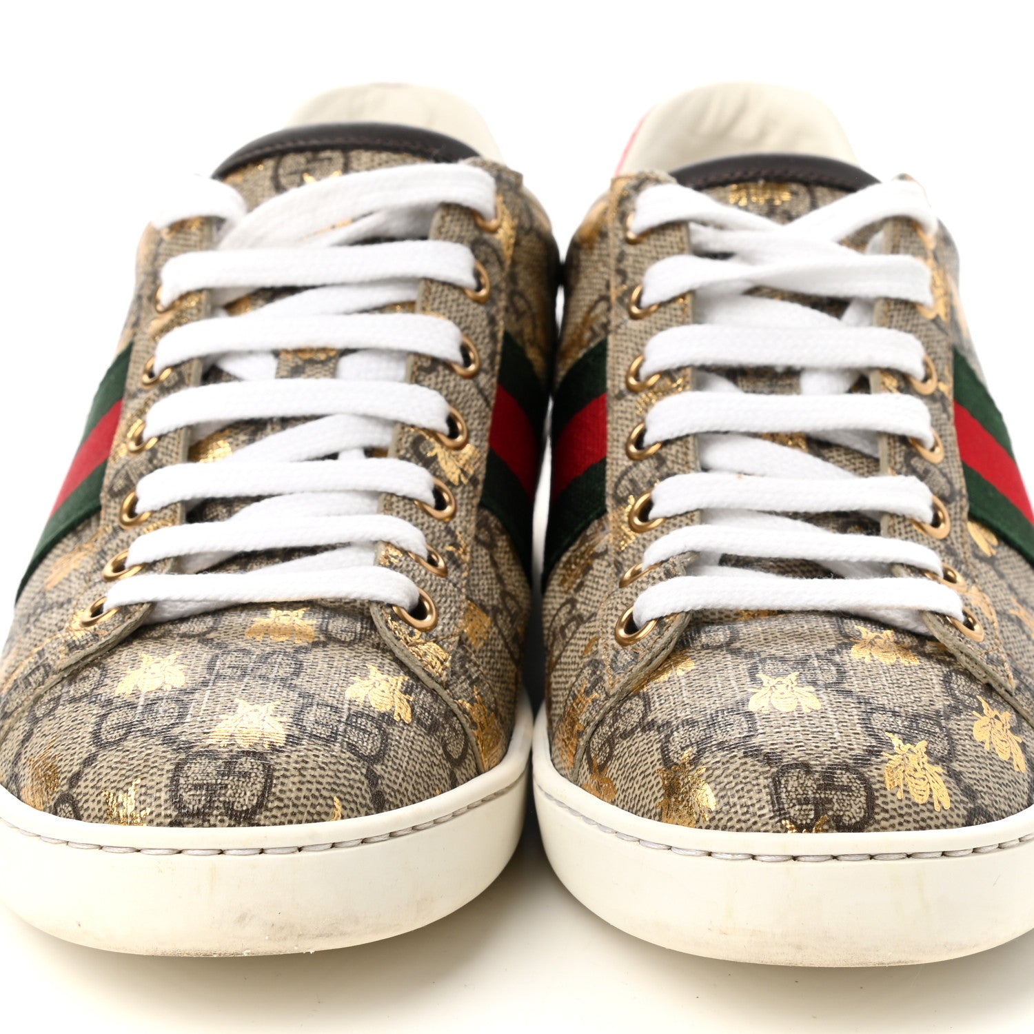 Gucci GG Supreme Monogram Bees Ayers Web Womens Ace Sneakers 37 Beige Oro Green Red 9 of 10