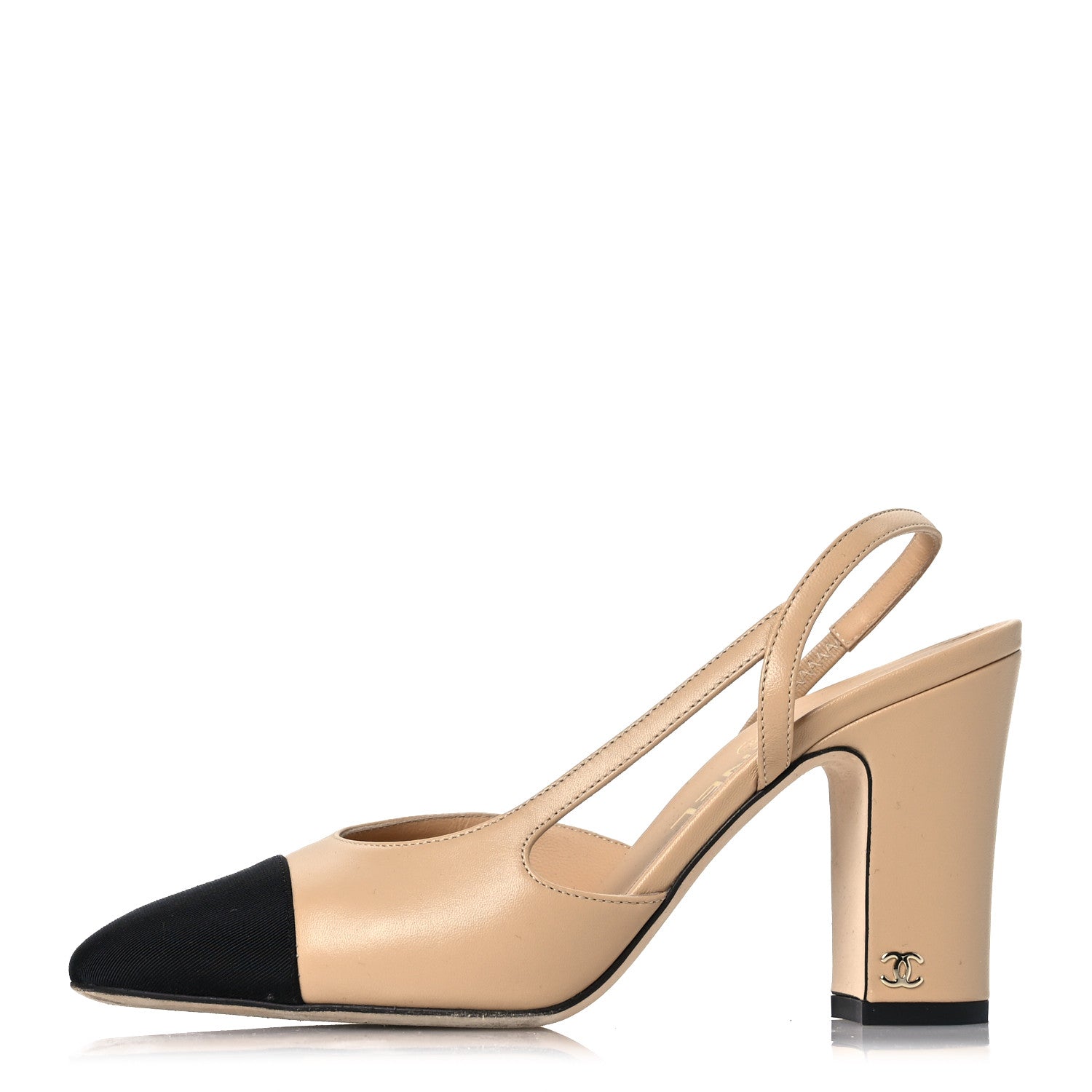 Chanel Lambskin Grosgrain Cap Toe CC Slingback Pumps 37 Beige Black 1 of 13