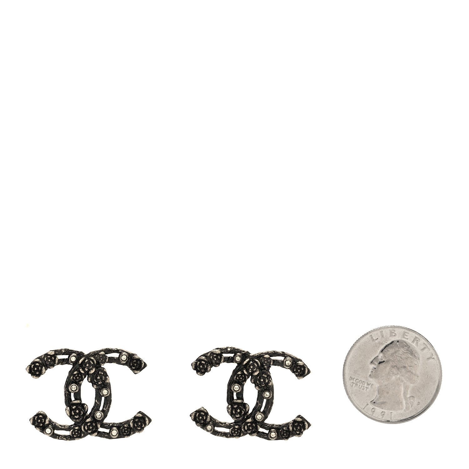 Chanel Crystal CC Camellia Earrings Ruthenium 2 of 4