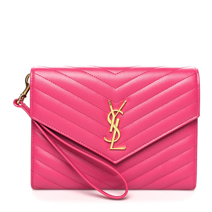 Saint Laurent Grain De Poudre Matelasse Chevron Monogram Envelope Clutch Fuxia Couture 1 of 11