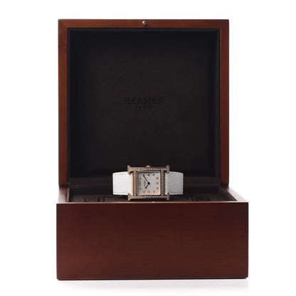 Hermes 18K Rose Gold Epsom Diamond Bezel Mother of Pearl 26mm Heure H Hour Quartz Watch Blanc 5 of 5
