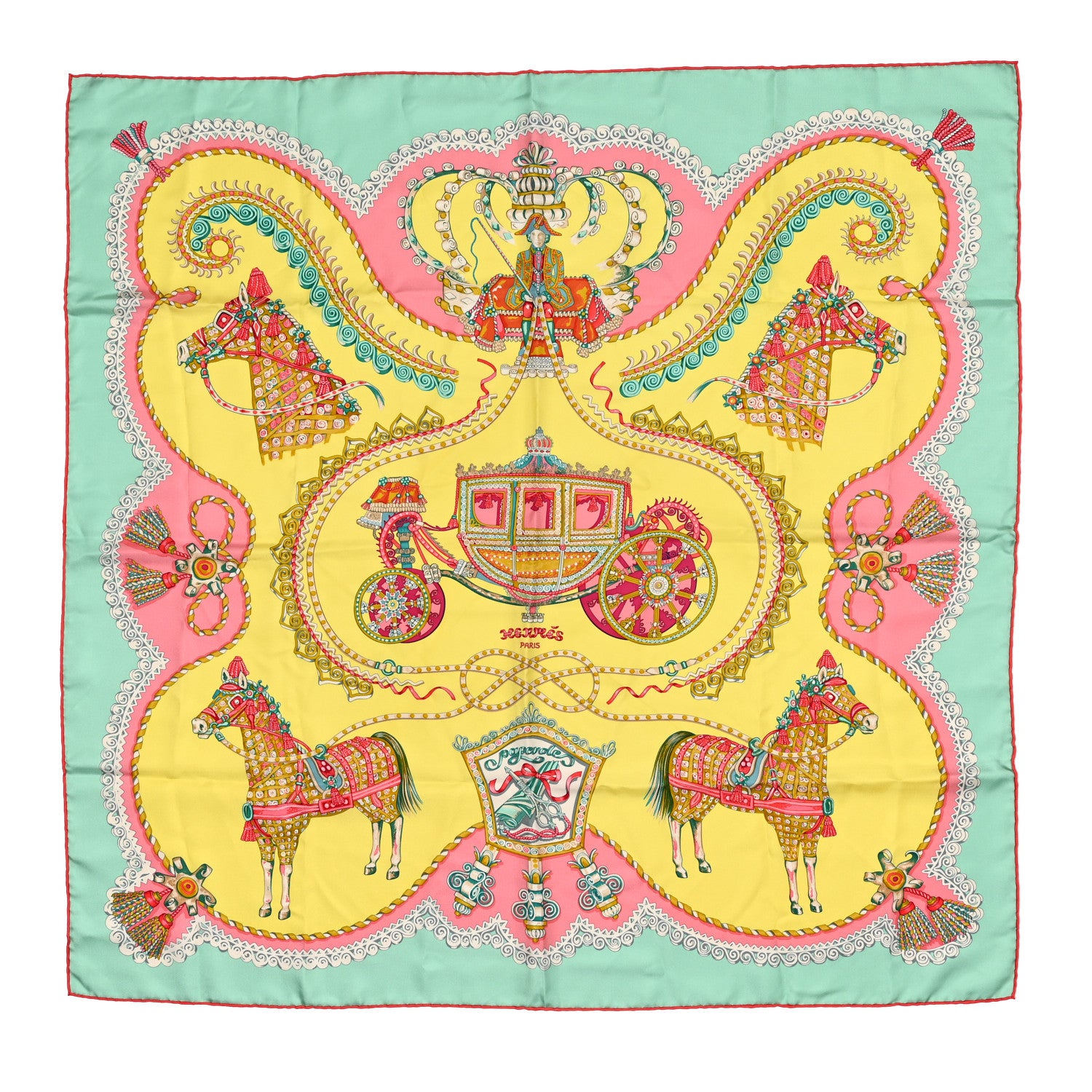Hermes Silk Paperoles Scarf 90 Jaune Soufre Vert D Eau Rose 1 of 5