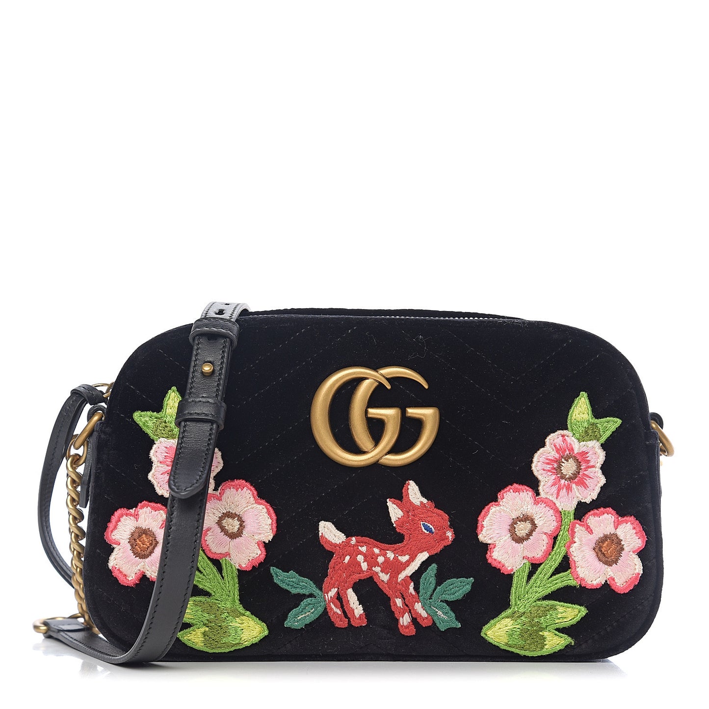 Velvet Matelasse Deer Embroidered Small GG Marmont Chain Shoulder Bag Black