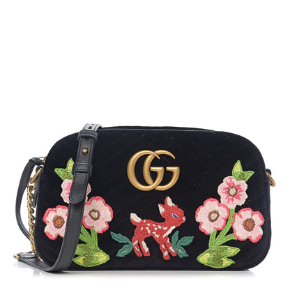 Gucci Velvet Matelasse Deer Embroidered Small GG Marmont Chain Shoulder Bag Black 1 of 9