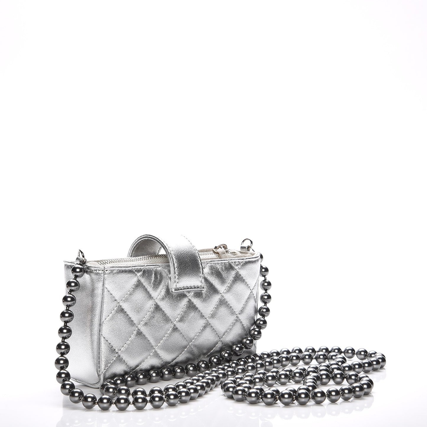 Metallic Lambskin Quilted Pearl Chain Mini Love Symbols Bag Silver