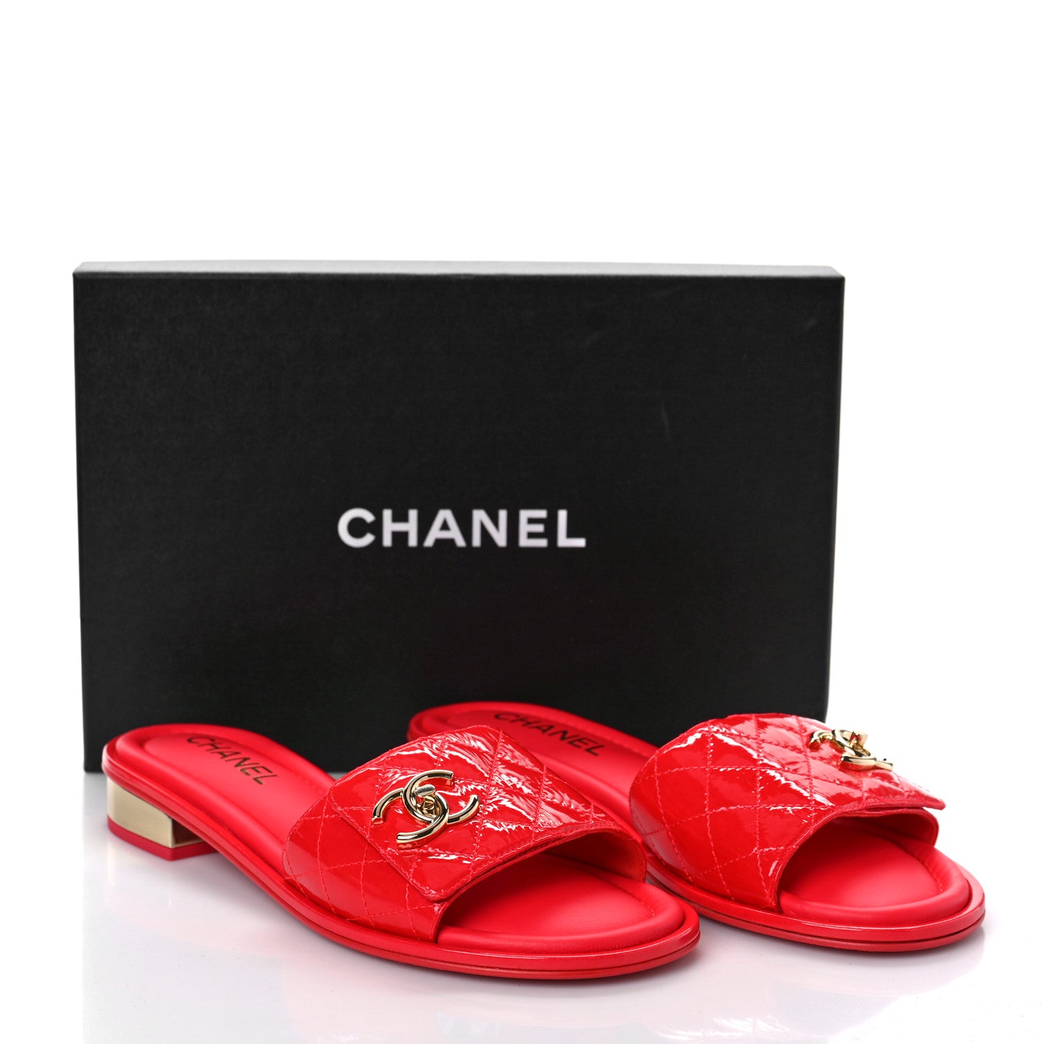 Chanel Patent Goatskin Quilted CC Sandals 40 Red 9 of 9