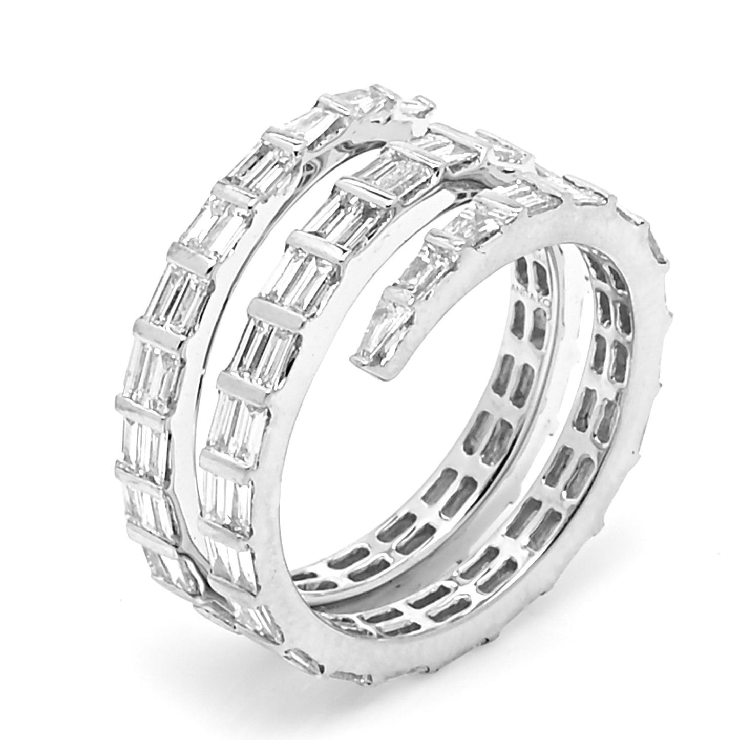 18K White Gold Diamond Three Row Baguette Coil Ring 53 6.25