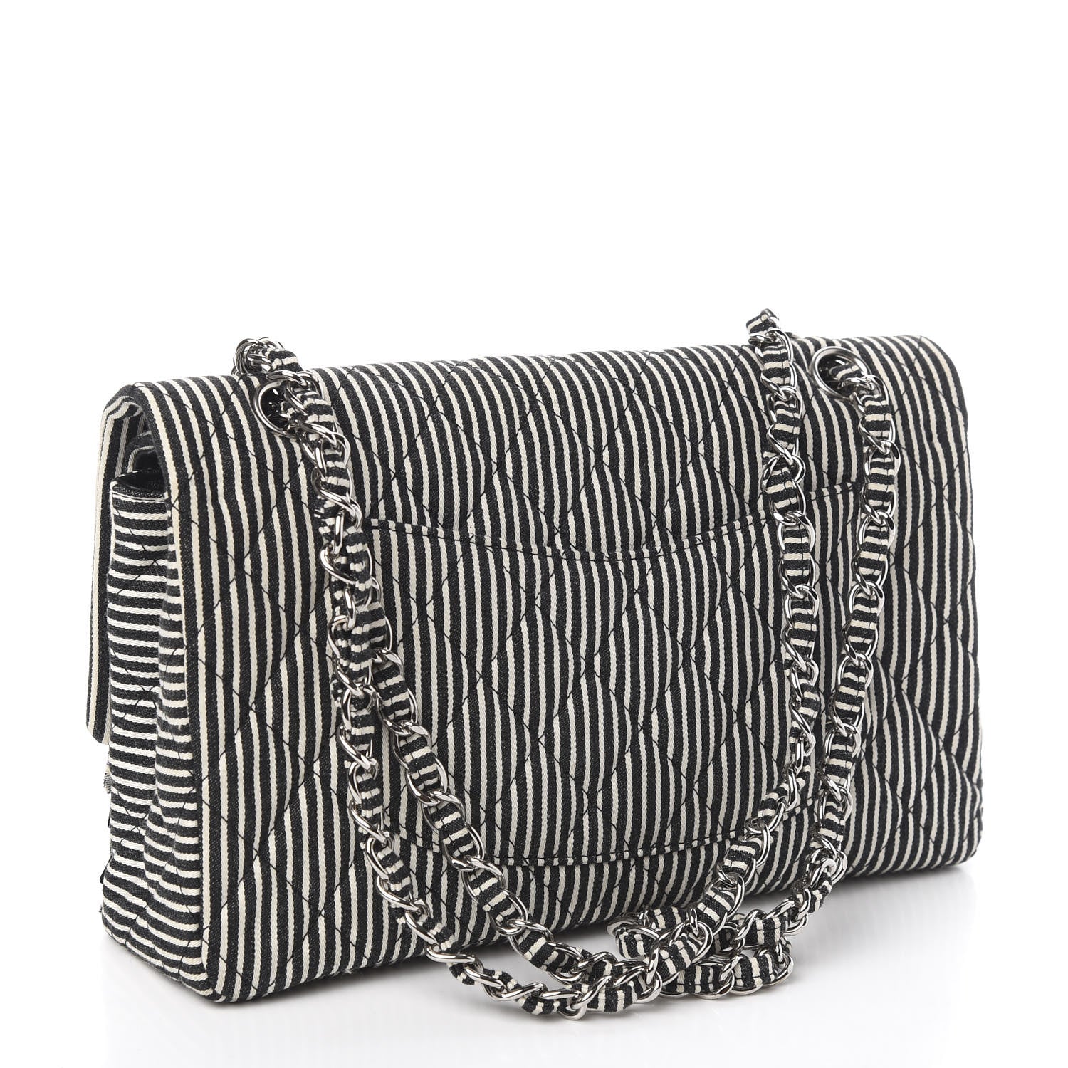 Chanel Canvas Sequin Stripe Medium Double Flap Black White 3 of 10