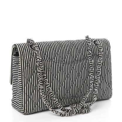 Chanel Canvas Sequin Stripe Medium Double Flap Black White 3 of 10