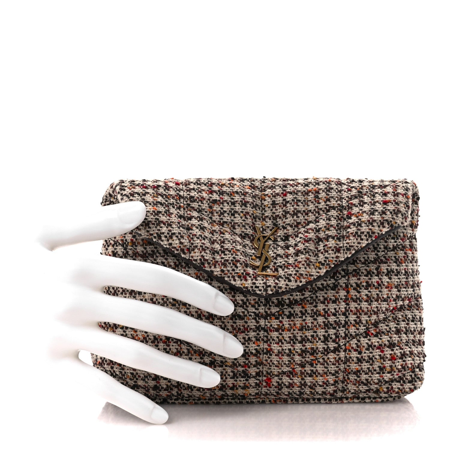 Saint Laurent Tweed Quilted Loulou Puffer Monogram Pouch Clutch Beige Umber Multicolor 2 of 15