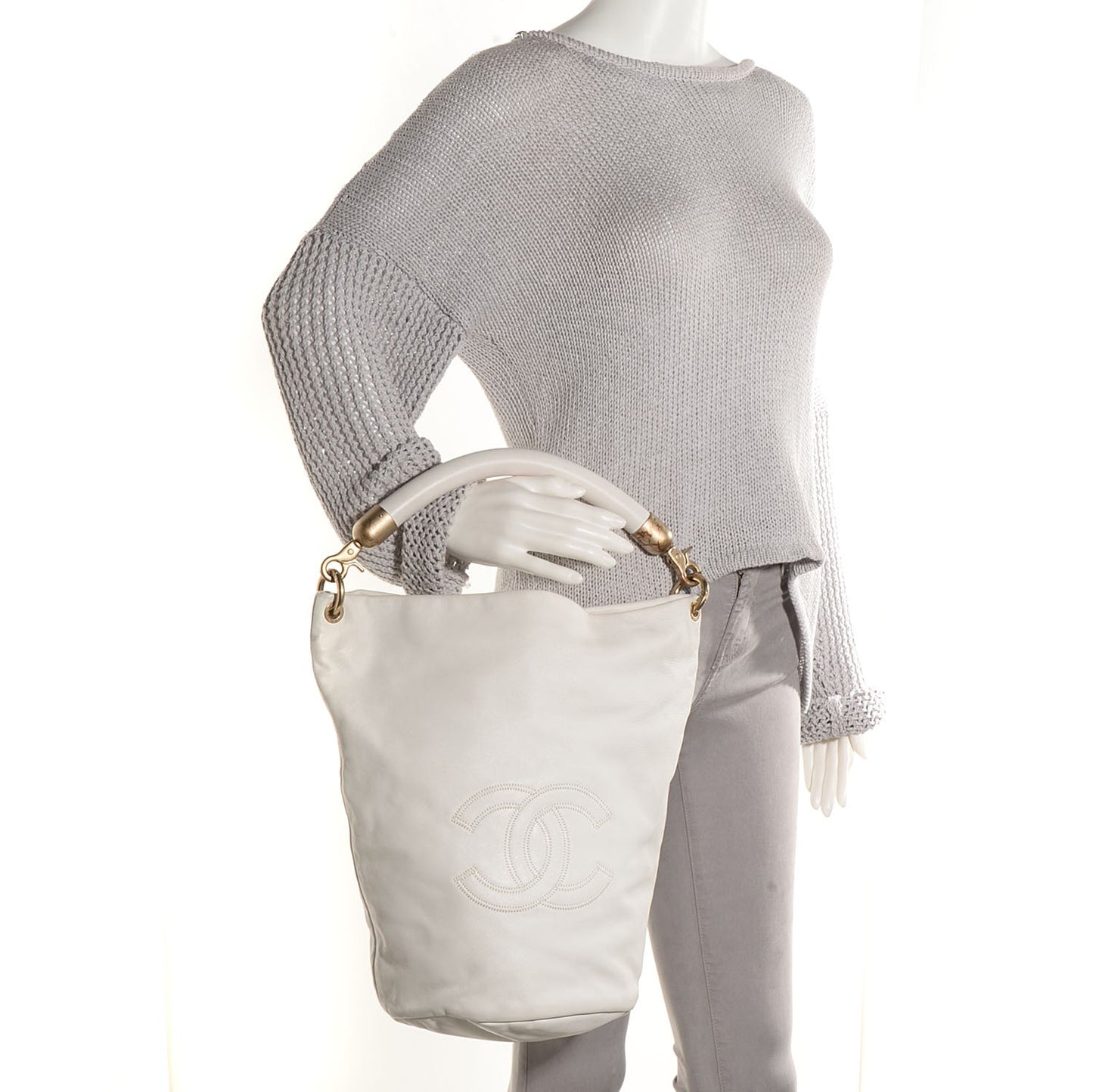 Calfskin CC Bucket Hobo White