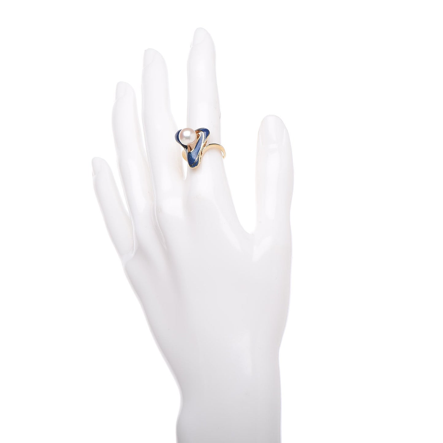 18K Yellow Gold Akoya Pearl Enamel Cocktail Ring 49 4.75 Blue
